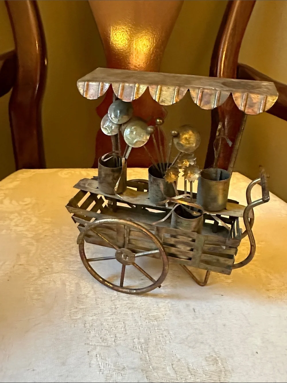 Vintage copper and brass 3D flower cart, wagon w/buckets of flowers